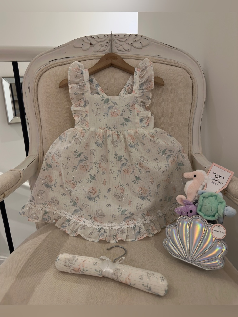 🤍 24 Mth Mermaid Ocean Life Ruffle Embroidery Baby Sundress & Purse Set NWT